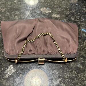 Andi Brown Satin Evening Clutch Chain Strap Frame Closure Handbag